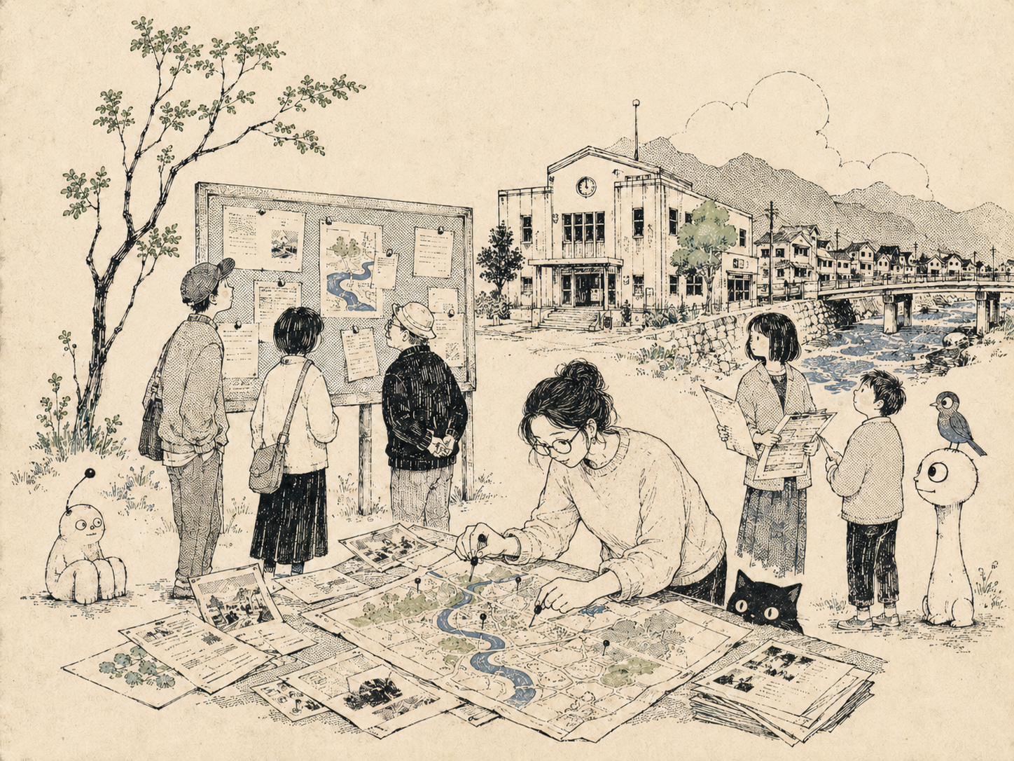 山村と地域情報冊子を広げる人々のイラスト