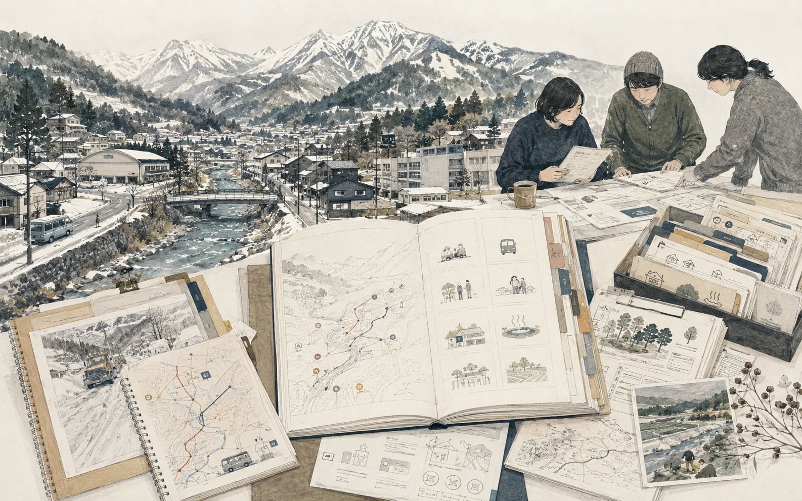山村と地域情報冊子を広げる人々のイラスト