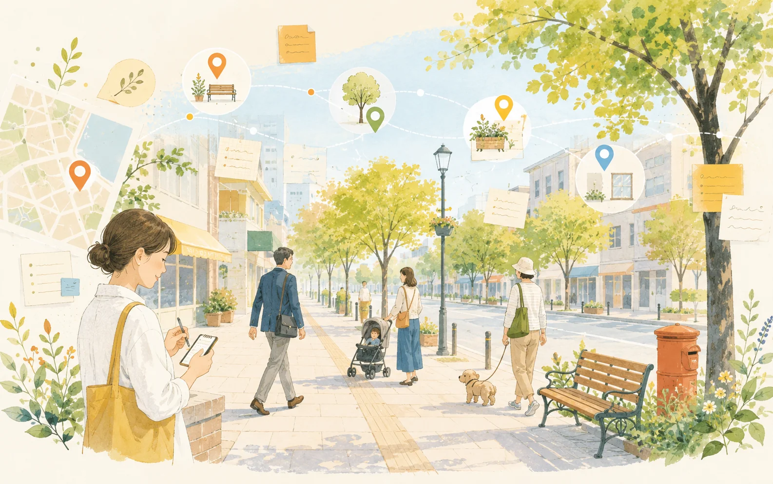 街の路上と記録する人々のイラスト