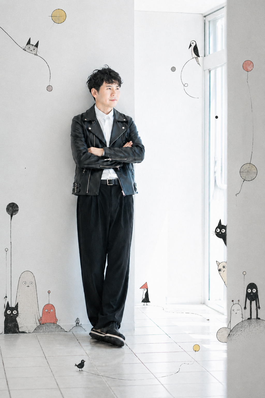 桒原宏明 代表取締役 — イラストが描かれた壁の前で