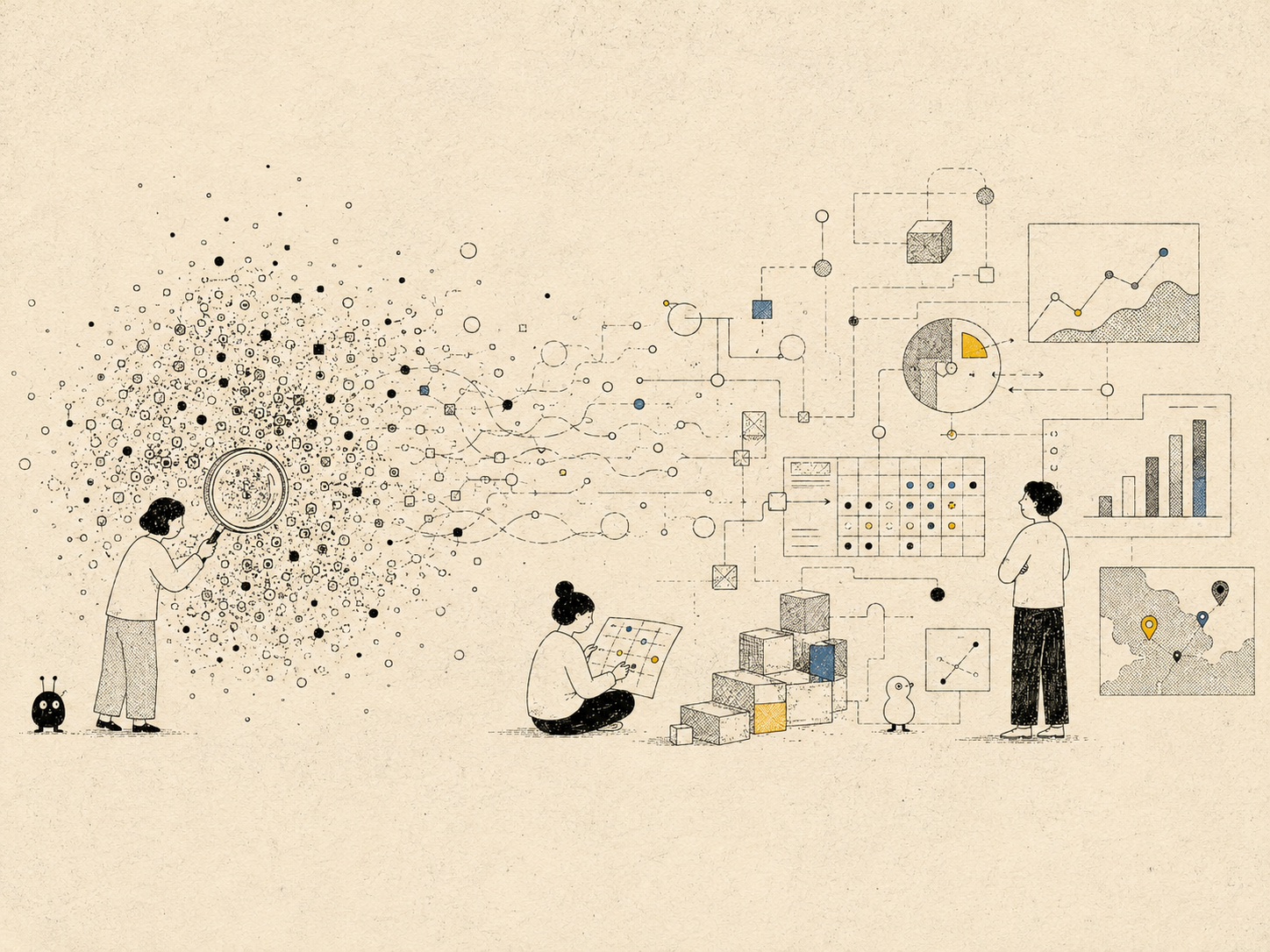 散らばったデータを整理し、グラフや地図として見える化するイラスト