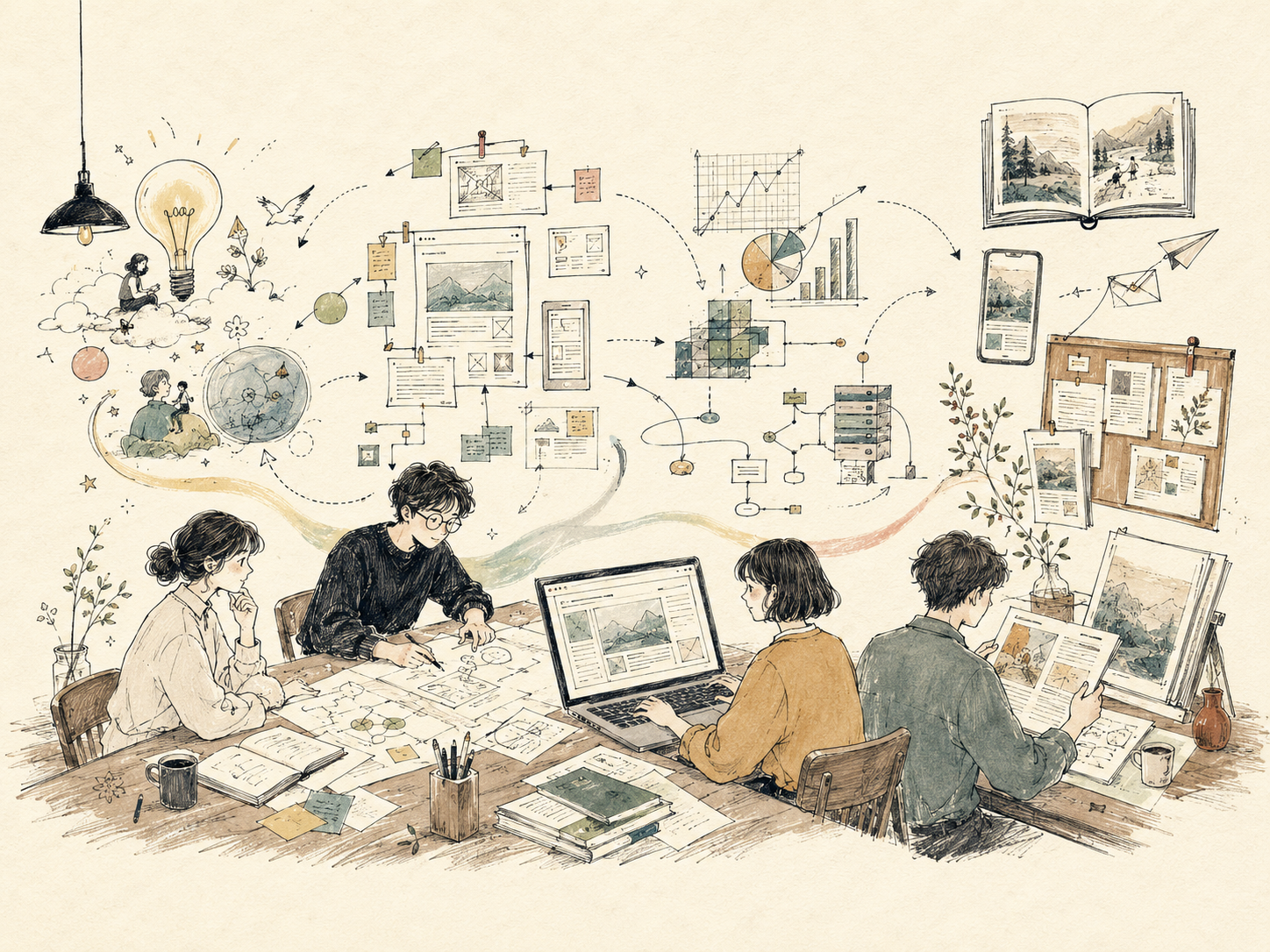 企画からWeb・データ・運用・発信まで実装する流れを表したイラスト