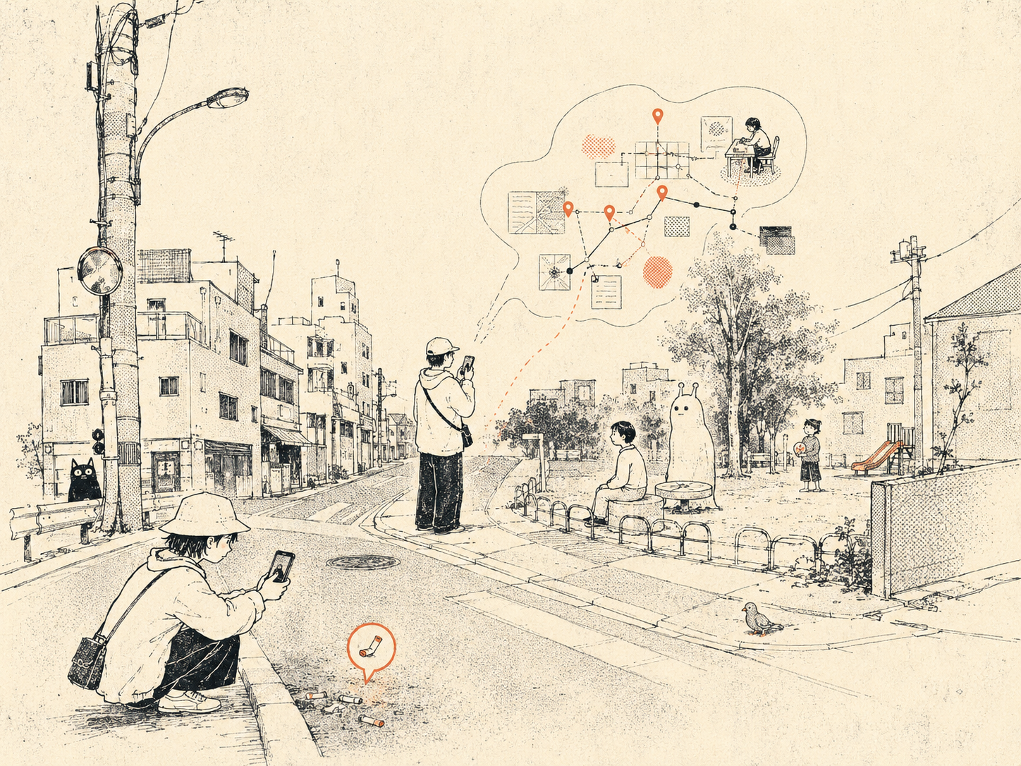 街の路上と記録する人々のイラスト